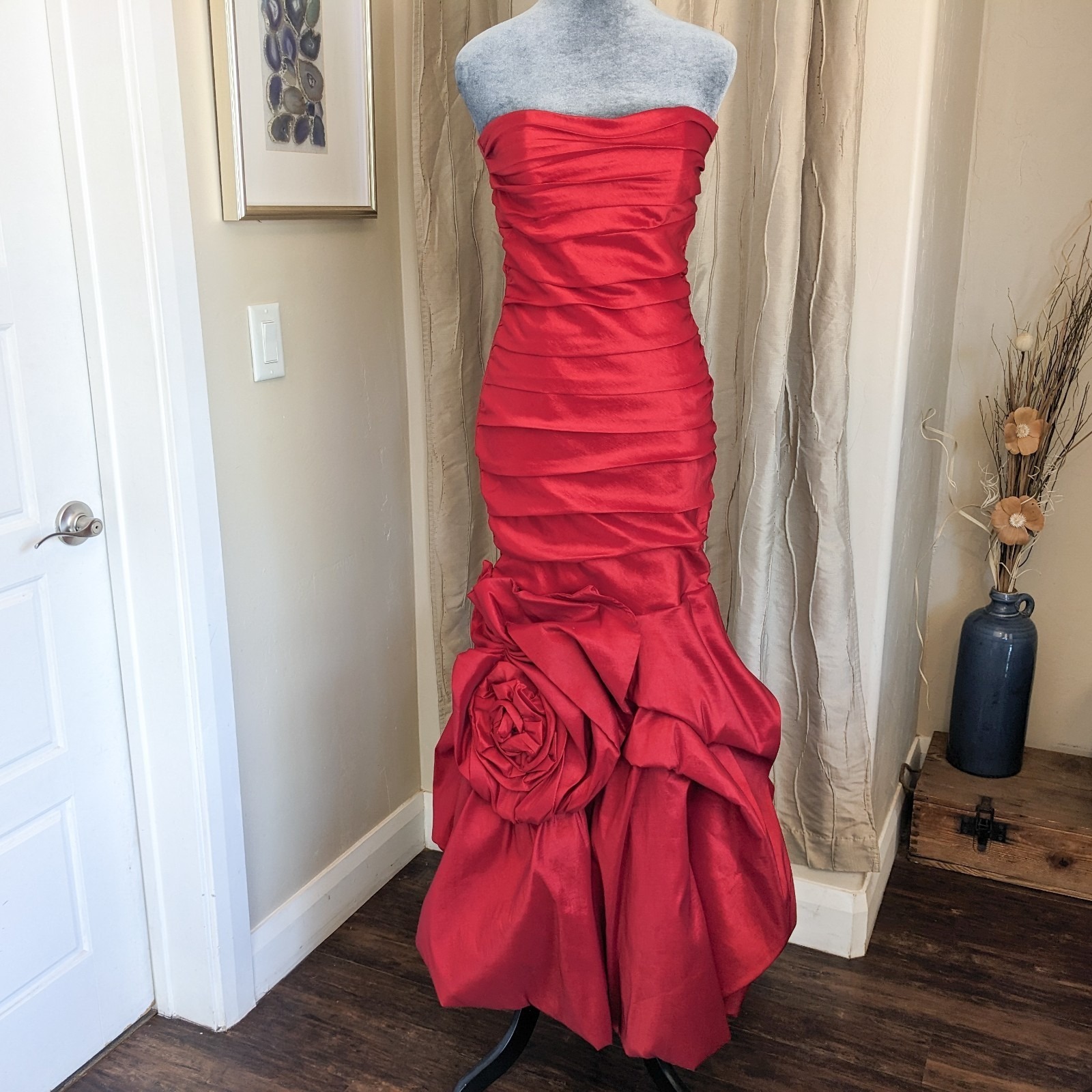 Vtg Y2k Red Strapless Ruched Taffeta Rosette Formal Dress Xs/S Mermaid Hem Prom
